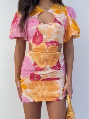 SABO Madison Cutout Puff-Sleeve Floral Mini Dress in Pink & Yellow